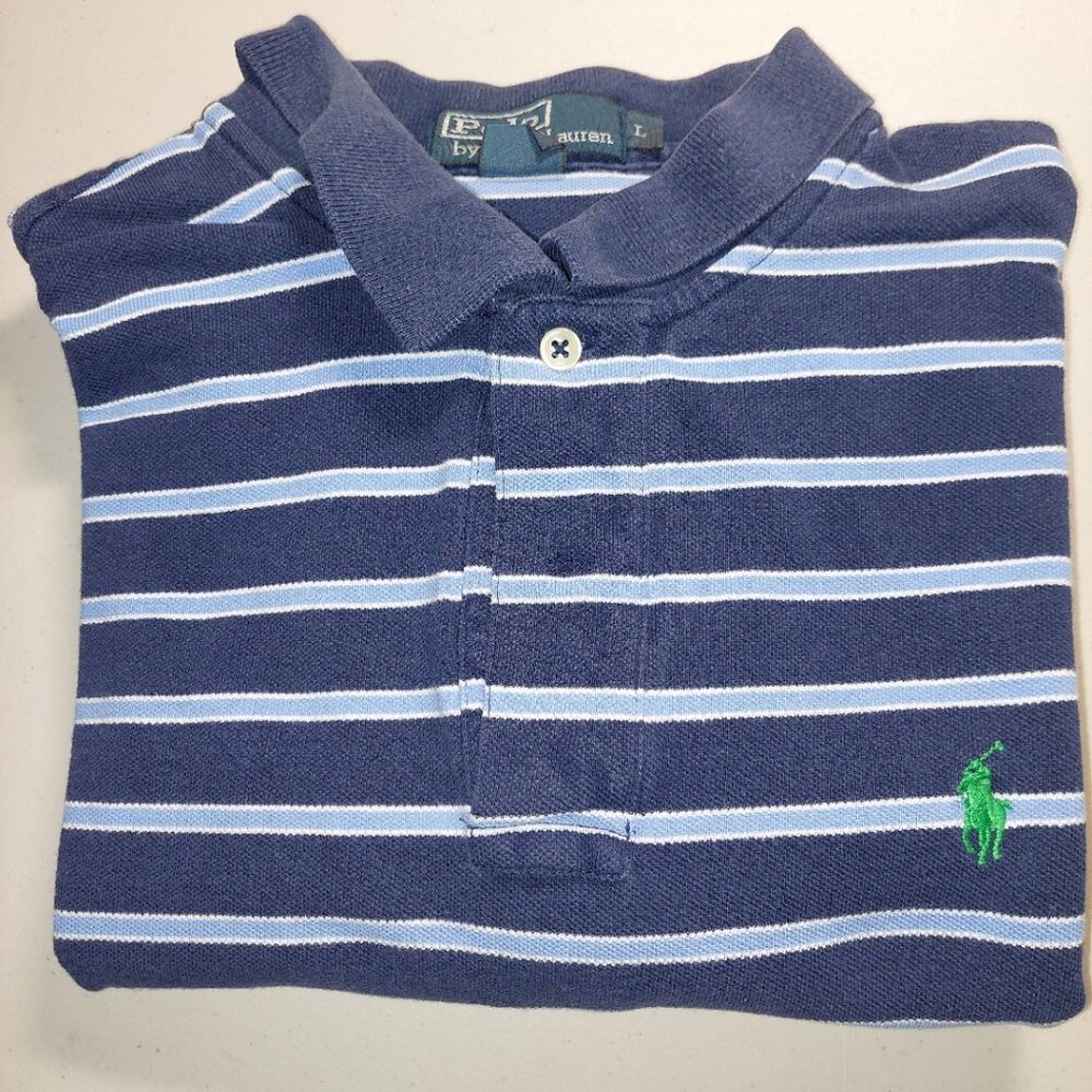 Ralph Lauren Short Sleeve Polo Blue Strip Shirt Mens Size L